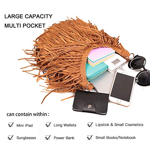 LUI SUI Mujer Faux Suede Fringe Tassels Cross-body Shoulder Bag Bolso de escuela de viaje para mujer Monedero Marrón