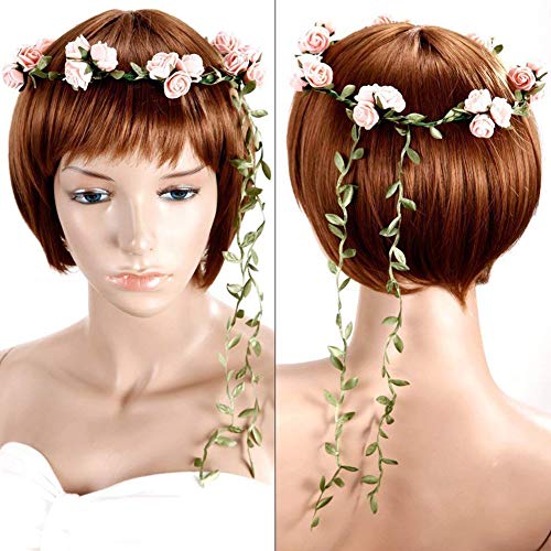 lujiaoshout Partido Hecho a Mano Flor de la Corona de la Guirnalda del Pelo de Halo Floral Garland Cinta de Cabeza del Casco de Bohemia del Festival de Boda (Rosa)