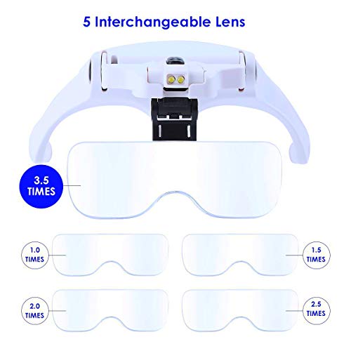 Lupa con Luz Led - Sinzau Gafas Lupa de Aumento con Luz para Modelismo,Reparaciones,Coser,Soldadura,Eliminar Piojos,Pegar Piezas Pequeñas,Joyería y Relojería - 5 Lentes Intercambiables,1X-3.5X