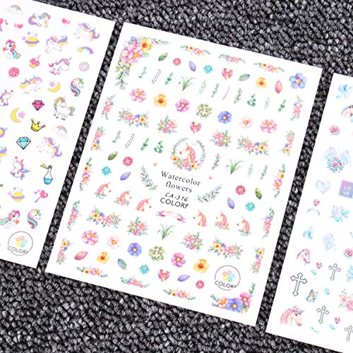 Lurrose 3 unids Unicornios Nail Stickers Nail Decals Nail Art Tip Decal Manicura Decoración para Niñas Mujeres Niños