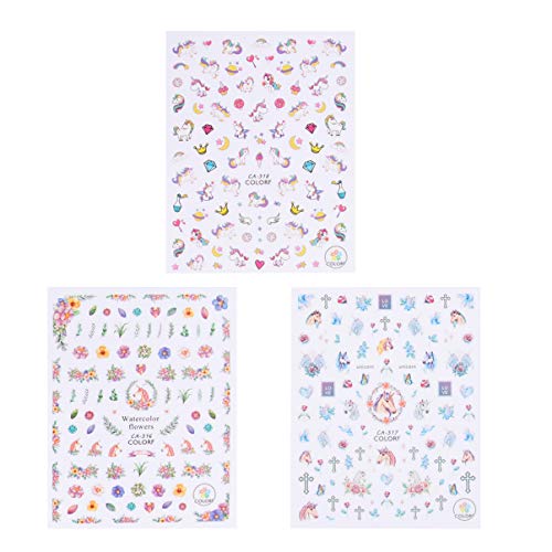Lurrose 3 unids Unicornios Nail Stickers Nail Decals Nail Art Tip Decal Manicura Decoración para Niñas Mujeres Niños