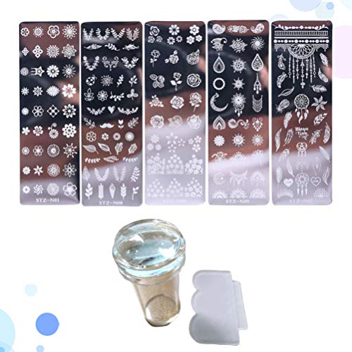 Lurrose 7 Piezas de Placas de Estampado de Uñas de Flores Diy Nail Art Stamper para Mujeres Niñas Accesorios de Uñas (Plantillas de 5 Piezas + Sello + Raspador)