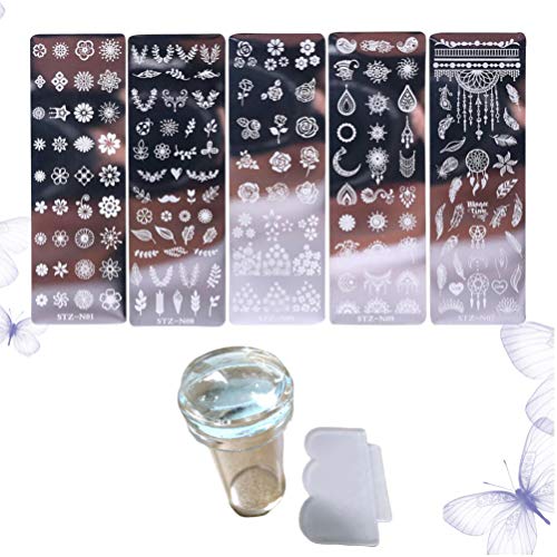 Lurrose 7 Piezas de Placas de Estampado de Uñas de Flores Diy Nail Art Stamper para Mujeres Niñas Accesorios de Uñas (Plantillas de 5 Piezas + Sello + Raspador)