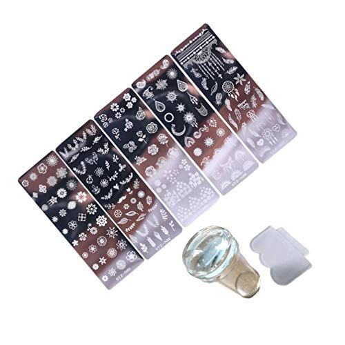 Lurrose 7 Piezas de Placas de Estampado de Uñas de Flores Diy Nail Art Stamper para Mujeres Niñas Accesorios de Uñas (Plantillas de 5 Piezas + Sello + Raspador)