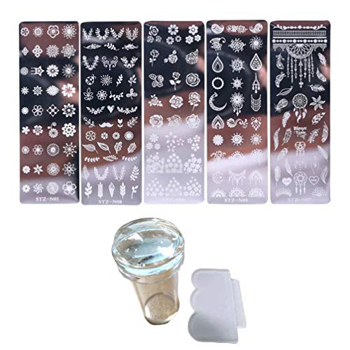 Lurrose 7 Piezas de Placas de Estampado de Uñas de Flores Diy Nail Art Stamper para Mujeres Niñas Accesorios de Uñas (Plantillas de 5 Piezas + Sello + Raspador)