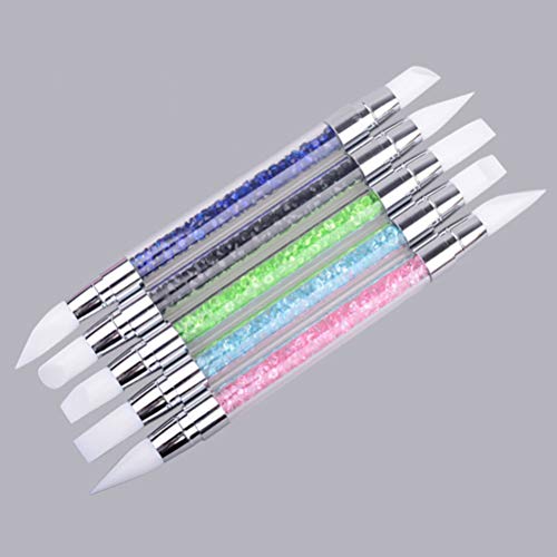 Lurrose Cepillo de uñas de doble cabeza de silicona con mango de acrílico Tallas de arte Cepillos de uñas para salón de fiestas Fabricación de uñas Pinceles de uñas de talla de arte