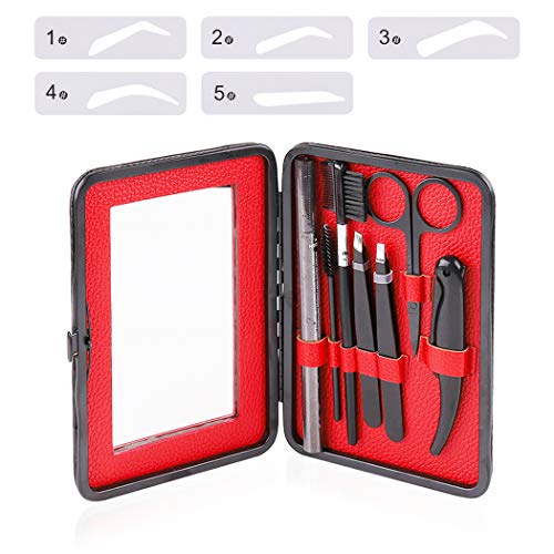 LUVODI Kit de Cuidado de Cejas Set de 13 Piezas con Lápiz de Cejas Pinzas Tijeras Peine Cepillo Maquinilla de Afeitar Plantillas Incluye Estuche con Espejo