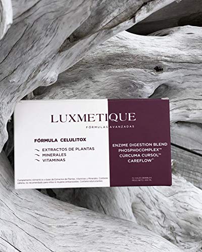 Luxmetique Fórmula Celulitox - nutricosmético creado para mejorar la apariencia de la piel de naranja y activar el bienestar desde el interior. 450 ml - 15 viales bebibles de 30 ml