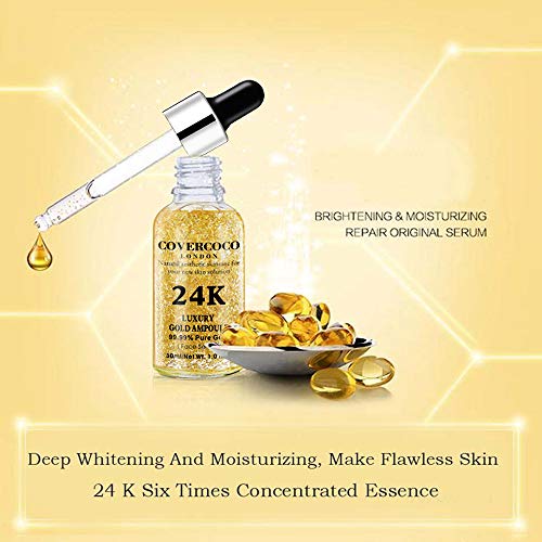 Luxury 24k Gold Ampoule Serum, 24k Gold Serum Facial, Hidratante Facial Aclarar Color de Piel Antiarrugas Aligerar Líneas Finas Suero Natural Y Orgánico Antiarrugas Para Toda la Pie (2 x 30ml)