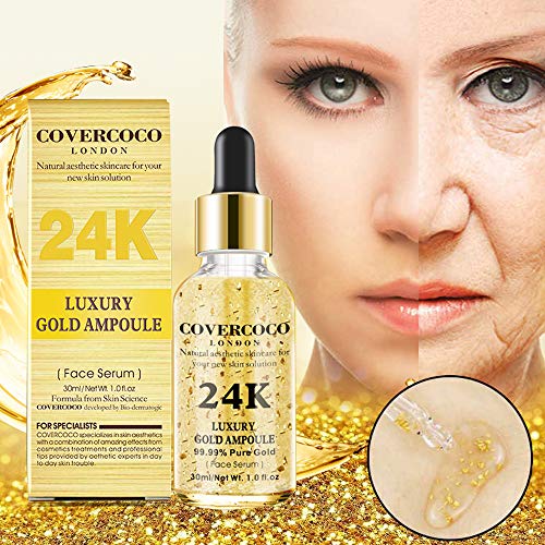 Luxury 24k Gold Ampoule Serum, 24k Gold Serum Facial, Hidratante Facial Aclarar Color de Piel Antiarrugas Aligerar Líneas Finas Suero Natural Y Orgánico Antiarrugas Para Toda la Pie (2 x 30ml)