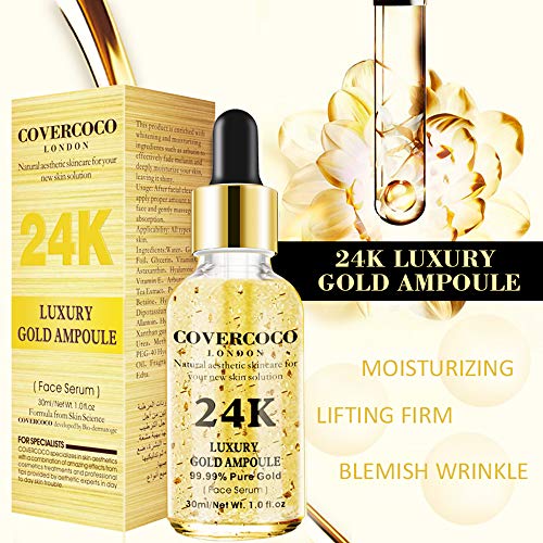 Luxury 24k Gold Ampoule Serum, 24k Gold Serum Facial, Hidratante Facial Aclarar Color de Piel Antiarrugas Aligerar Líneas Finas Suero Natural Y Orgánico Antiarrugas Para Toda la Pie (2 x 30ml)