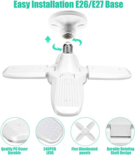 Luz de Garaje, Eleganted 60W 6000LM E27 Taller de Luz Led,Bombilla LED Lámpara Deformable 60 Vatio 6000K Luz de Trabajo para Granero Almacén Sótano Garaje Iluminación