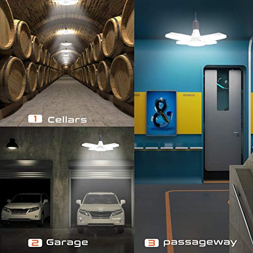 Luz de Garaje, Eleganted 60W 6000LM E27 Taller de Luz Led,Bombilla LED Lámpara Deformable 60 Vatio 6000K Luz de Trabajo para Granero Almacén Sótano Garaje Iluminación