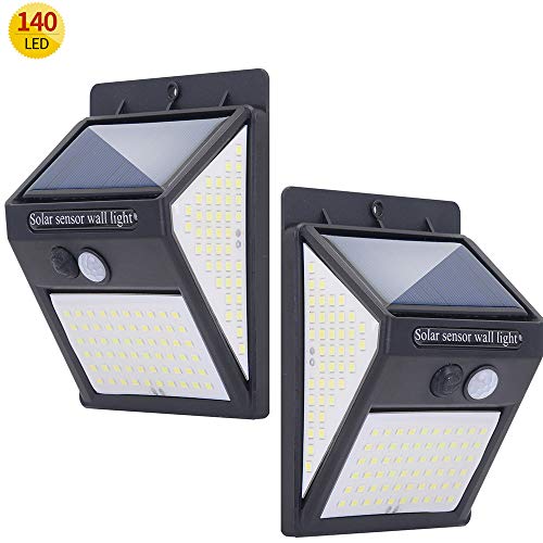 Luz Solar Exterior 140 LED Lámparas Solares con Sensor de Movimiento Luces Solares Led Exterior Impermeable con 3 Modos Inteligentes para el garaje del jardín Camino (Negro)