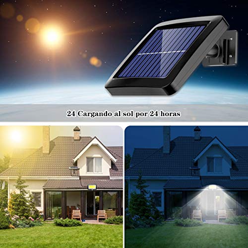 Luz Solar Exterior con Sensor de Movimiento, EJNOY 100 LED Focos Solares Exterior 120 ° súper brillantes, IP65 Impermeable, 3 modos con cable de 16.5 pies, Luces Solares Led Exterior Jardin Blancas