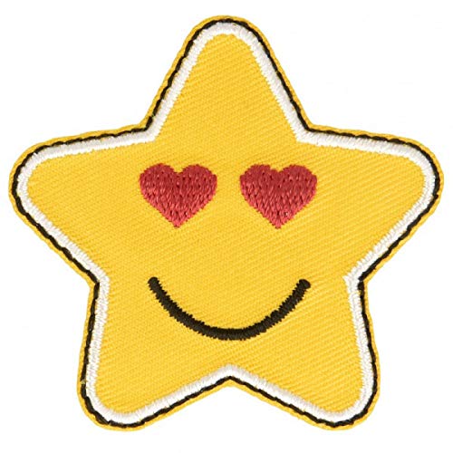 M & C - Parche termoadhesivo, diseño de estrella, color amarillo azufre y corazones en los ojos, 5 x 5 cm