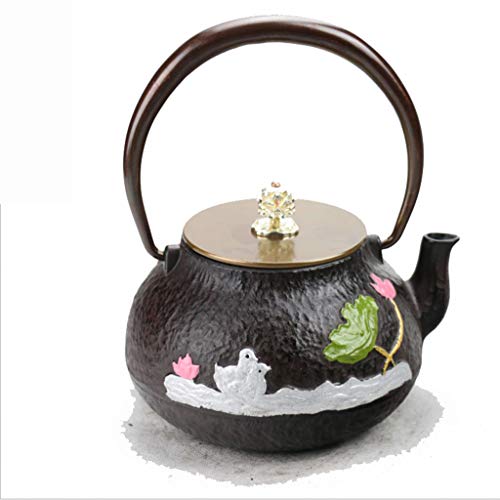 M-CH Tetera Tetera de Hierro Fundido de Estilo japonés Tetera de Olla de Hierro de Mano Pura Lotus Pond y Mandarin Duck 1.0L