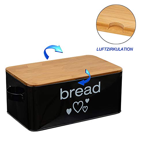 Mack Caja de Pan de Metal con Tabla de Cortar Color Negro 33 x 18 x 12 cm