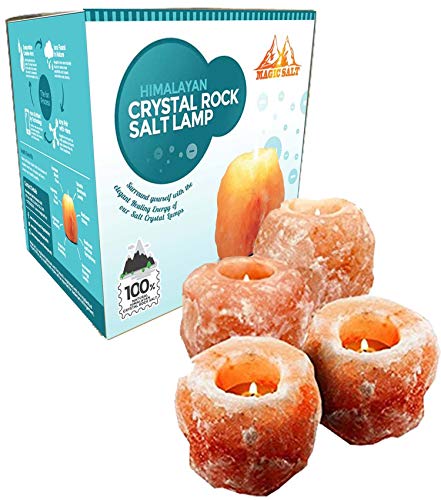 Magic Salt Base para Vela de té, Fina, de Roca de Sal cristalina del Himalaya Color Rosa, Natural, con Patas de plástico, Seres Queridos (Pink Candle Holder, 4)