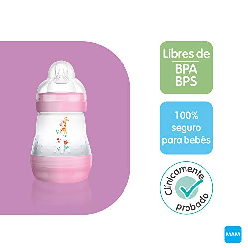 MAM First Steps Set, regalos para bebé (+0), canastilla con 2 biberones anticólicos Easy Start (160/260 ml) y 4 chupetes Original de silicona (2 x 0-2/2 x +6 meses), NIÑA (Rosa)