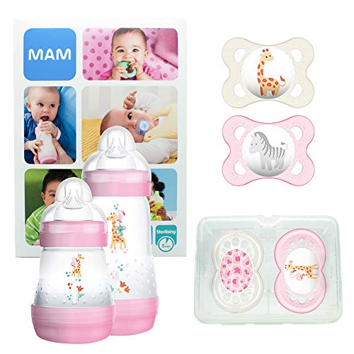 MAM First Steps Set, regalos para bebé (+0), canastilla con 2 biberones anticólicos Easy Start (160/260 ml) y 4 chupetes Original de silicona (2 x 0-2/2 x +6 meses), NIÑA (Rosa)