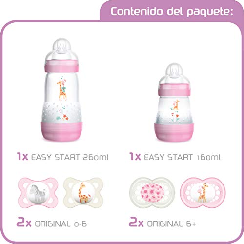 MAM First Steps Set, regalos para bebé (+0), canastilla con 2 biberones anticólicos Easy Start (160/260 ml) y 4 chupetes Original de silicona (2 x 0-2/2 x +6 meses), NIÑA (Rosa)