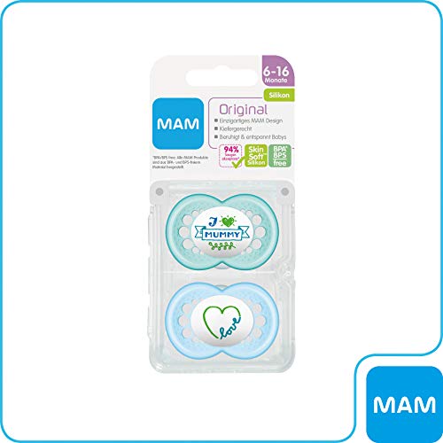 MAM - Silicona original con mensaje "I love mummy " (love mummy, 2 unidades) azul Talla:6+