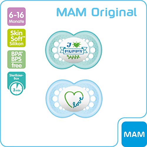 MAM - Silicona original con mensaje "I love mummy " (love mummy, 2 unidades) azul Talla:6+