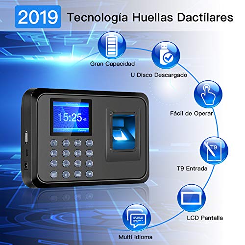 Máquina Asistencia Biométrico de Huellas Español,2.4" TFT LCD Pantalla Biométrico de Asistencia Máquina con Huella Dactilar y Contraseña,USB Conexión & Versión Español