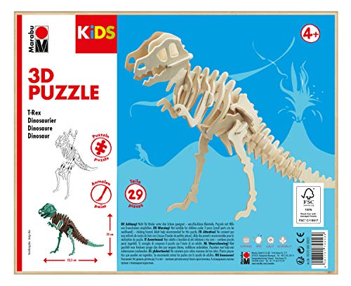 Marabu 0317000000021 Kids 3D - Puzzle de Madera (29 Piezas), diseño de Dinosaurios T-Rex 23,5 x 32 cm, Color marrón