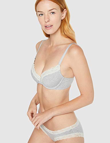 Marca Amazon - IRIS & LILLY Sujetador de Algodón Media Copa Mujer, Gris (Grey Marl/Green), 95B, Label: 36B