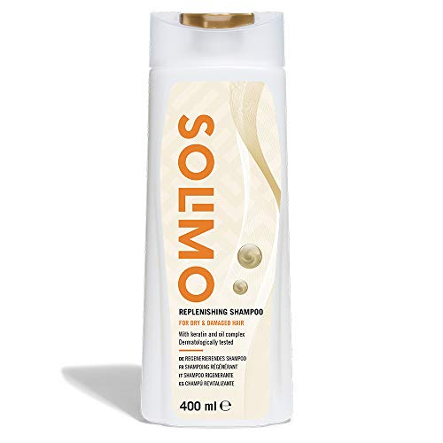 Marca Amazon - Solimo Champú revitalizante para cabello dañado y seco, con queratina y complejo de aceite - Paquete de 4 (4 Botellas x 400ml)