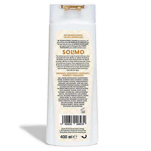 Marca Amazon - Solimo Champú revitalizante para cabello dañado y seco, con queratina y complejo de aceite - Paquete de 4 (4 Botellas x 400ml)