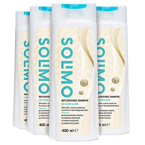 Marca Amazon - Solimo Champú revitalizante para volumen y brillo, con queratina, complejo mineral y D-pantenol- Paquete de 4 (4 Botellas x 400ml)