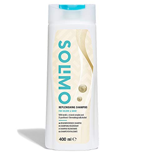 Marca Amazon - Solimo Champú revitalizante para volumen y brillo, con queratina, complejo mineral y D-pantenol- Paquete de 4 (4 Botellas x 400ml)