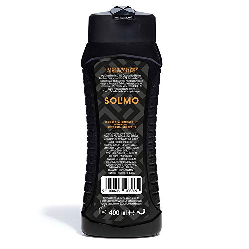 Marca Amazon - Solimo Gel de ducha refrescante para hombre 3 en 1 (Cuerpo, cara y cabello)- Paquete de 6 (6 Botellas x 400 ml)