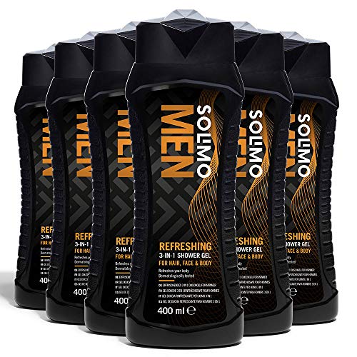 Marca Amazon - Solimo Gel de ducha refrescante para hombre 3 en 1 (Cuerpo, cara y cabello)- Paquete de 6 (6 Botellas x 400 ml)