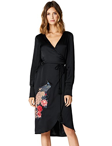 Marca Amazon - TRUTH & FABLE Vestido Cruzado con Bordado Mujer, Negro (Black Black), 44, Label: XL