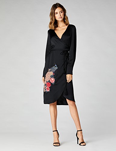 Marca Amazon - TRUTH & FABLE Vestido Cruzado con Bordado Mujer, Negro (Black Black), 44, Label: XL