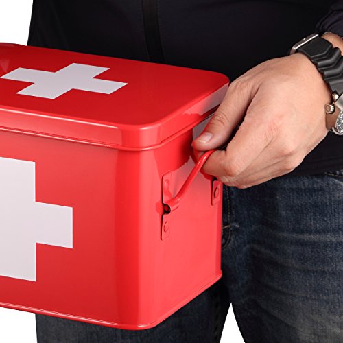 Mari Home - Botiquín de color rojo, de doble capa y 4 compartimentos, de metal, para almacenamiento. Kit de primeros auxilios no incluido - 22,5 x 16,5 x 16 cm