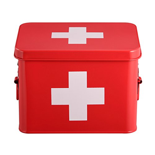 Mari Home - Botiquín de color rojo, de doble capa y 4 compartimentos, de metal, para almacenamiento. Kit de primeros auxilios no incluido - 22,5 x 16,5 x 16 cm