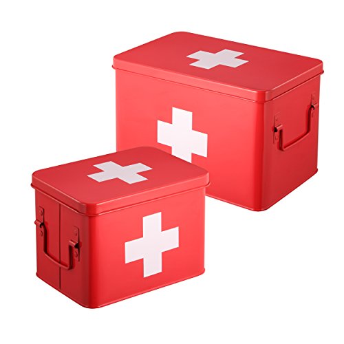 Mari Home - Botiquín de color rojo, de doble capa y 4 compartimentos, de metal, para almacenamiento. Kit de primeros auxilios no incluido - 22,5 x 16,5 x 16 cm