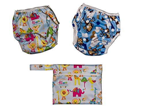 MARIPOSA | Bañador Pañal Bebé - Reutilizable Lavable y Ajustable - Pañales de Natación para Piscina y Mar para Niño de 0 a 2 Años - 2 pañales con funda impermeable (animales y mono)