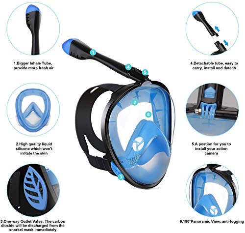 Máscara de Buceo, Máscara de Snorkel, Máscara de Buceo Fácil Respiración para Adultos, Máscara de Esnórquel con Soporte de Cámara Desmontable, Parte Superior Seca, Antivaho y antifugas