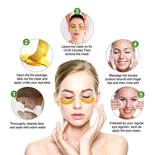 Mascarilla para los ojos - Mascarilla para los labios - 5 pares de Almohadillas para los ojos + 5 Mascarilla para labios - Máscara para labios y ojos de oro 24K para las ojeras y arrugas