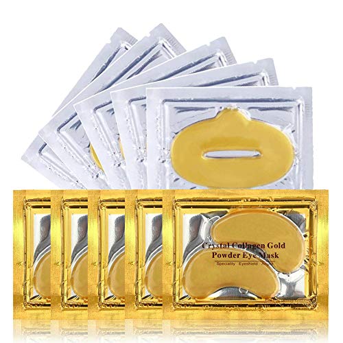 Mascarilla para los ojos - Mascarilla para los labios - 5 pares de Almohadillas para los ojos + 5 Mascarilla para labios - Máscara para labios y ojos de oro 24K para las ojeras y arrugas