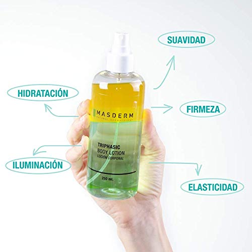 MASDERM | Loción Corporal Trifásica Hidratante | Suavidad ElasticidadRegeneración celular/Vitamina E Aloe Vera Rosa mosqueta Aceite de Argán Aceite esencial de limón | 250ml