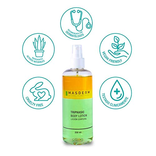 MASDERM | Loción Corporal Trifásica Hidratante | Suavidad-Hidratación-Elasticidad-Regeneración Vitamina E, Aloe Vera, Rosa mosqueta,Aceite de Argán,Aceite esencial de limón | Fórmula innovadora 500ml