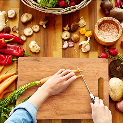 Masthome tabla de cortar de bambú con ranura para jugo y mango, ideal para carne, verduras, frutas - 1 afilador de cuchillos y 1 cuchillo como un regalo [4 piezas]