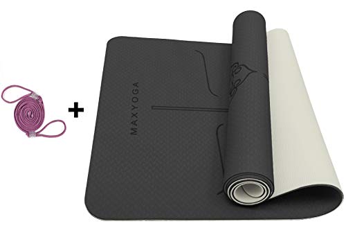 MAXYOGA® MaxDirect Esterilla Yoga con Sistema de Alineación y Marcados. Colchoneta Yoga Mat Antideslizante y Ligera de Material Ecológico TPE. Tamaño Ideal 183cm x 61cm x 6mm. - Negro